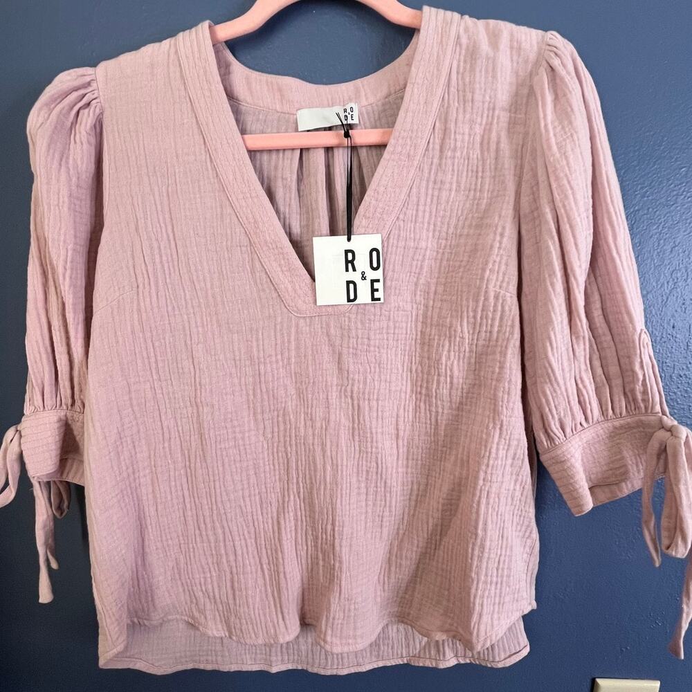 RO & DE Mauve Textured Gauze V-Neck Puff 3/4 Sleeve Top with Tie Cuffs Large NWT